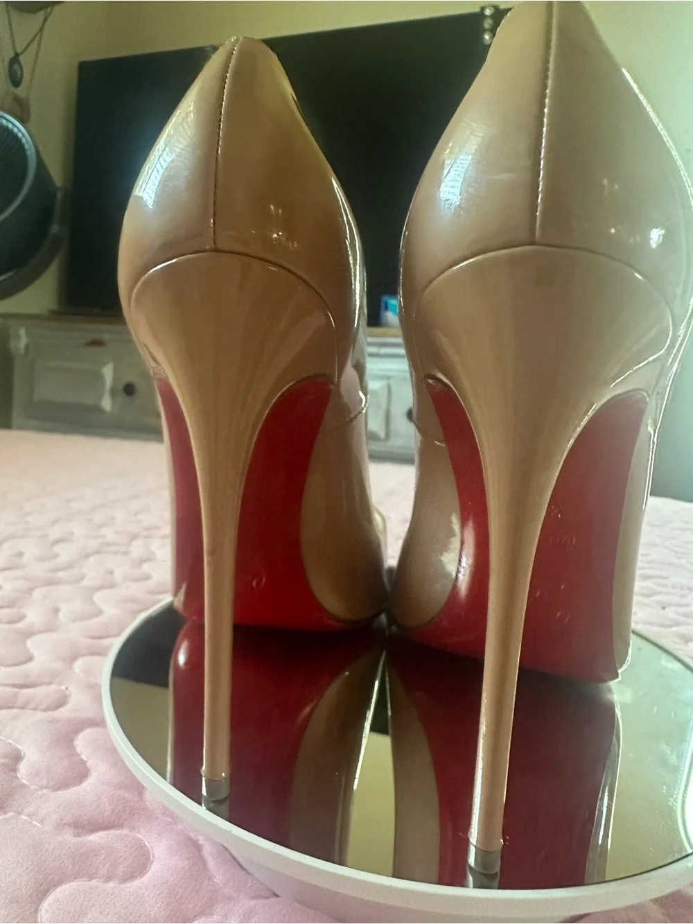 Christian Louboutin Nude Patent Pointed-Toe Pumps with Red Soles